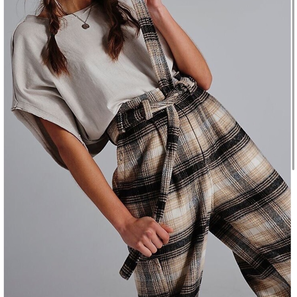 Free People Plaid Paperbag Waist Pants in Beige Black Cream